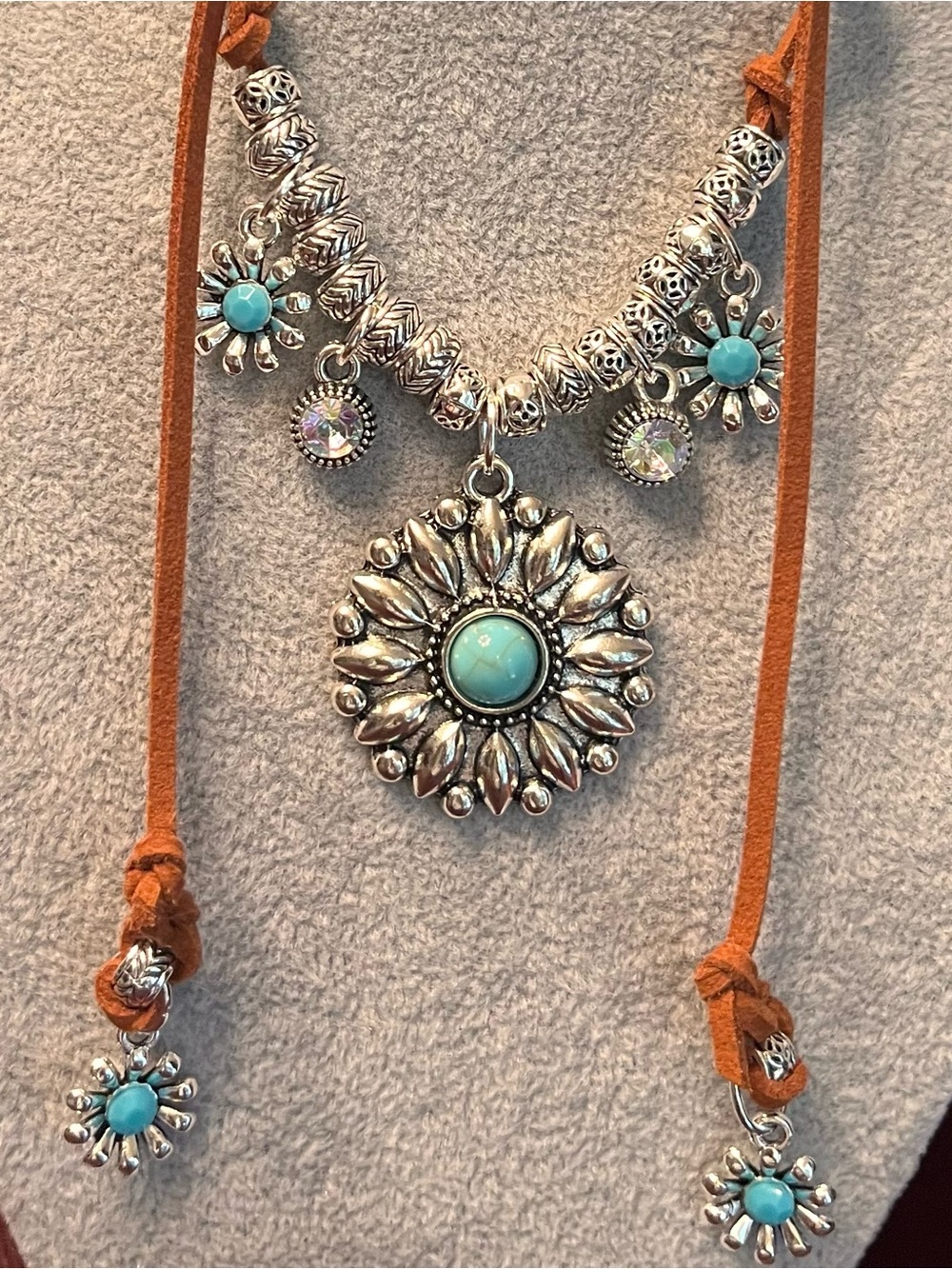 Bohemian Suede Corded “Desert Moon” Sunflower Handmade Necklace - Picture 6 of 8
